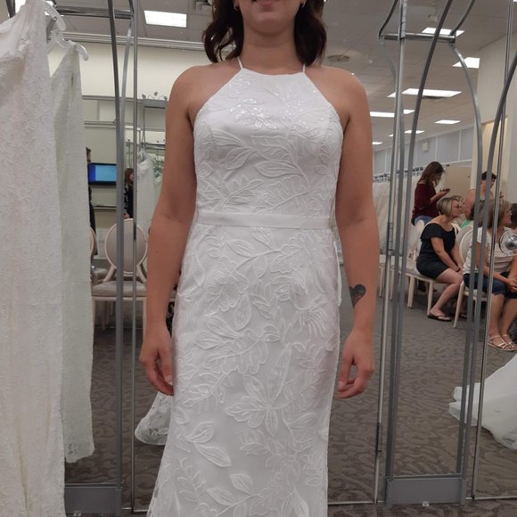 Sequin Leaf-Appliqued High Neck Sheath Gown - Picture 5 of 9